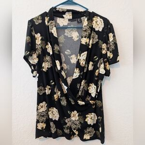 Tahari Black Floral Short Sleeve Faux Wrap Blouse XL